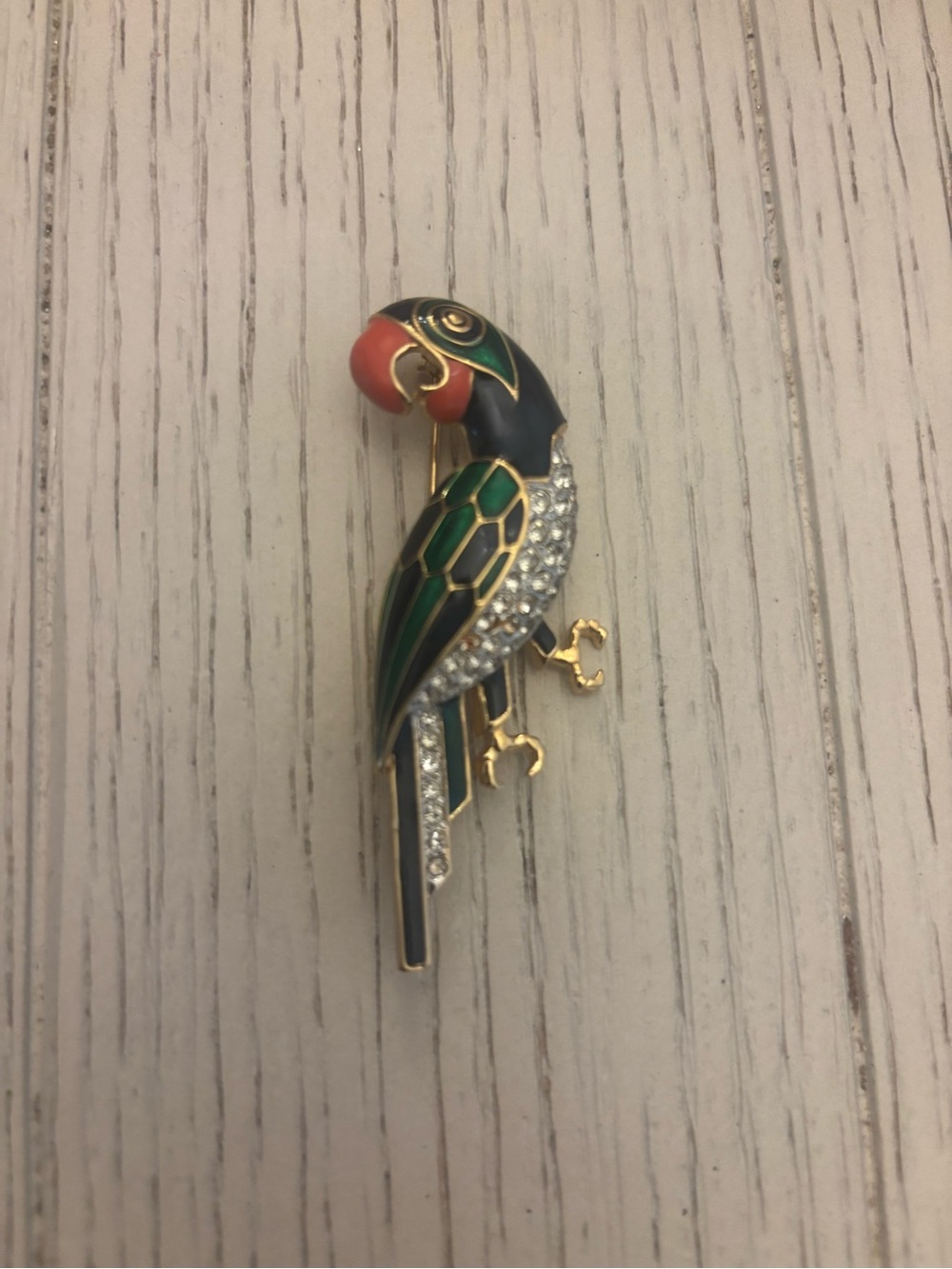 Vintage D’Orlan Parrot Bird Brooch Enamel Rhinestone Gold Tone Figural Pin